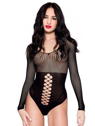 Body string noir opaque ajouré et résille avec manches longues 7477