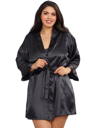 Nuisette grande taille noire avec peignoir satinés - DG3717XBLK