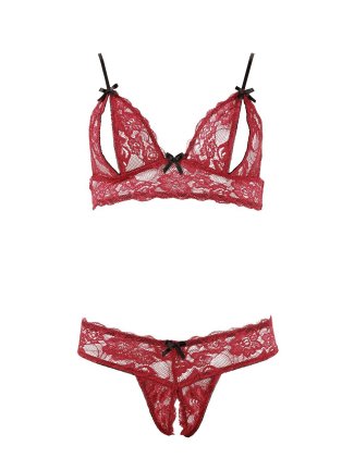 Soutien-gorge, bonnets ouverts, en dentelle rouge et string assorti - R2212447