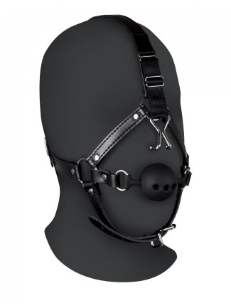 Head Harness with Breathable Ball Gag and Nose Hooks - Black