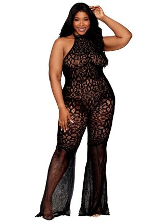 bodystocking en dentelle au crochet sans couture, grande taille, résille noire - DG0468XBLK