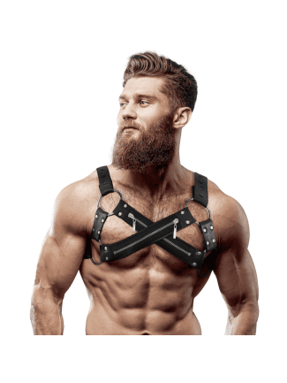 FETISH SUBMISSIVE ATTITUDE - HARNAIS POITRINE CROISÉ EN NÉOPRÈNE AJUSTABLE AVEC FERMETURE ÉCLAIR POUR HOMMES