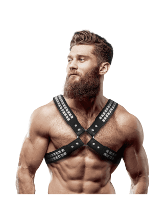 FETISH SUBMISSIVE ATTITUDE - HARNAIS POITRINE CROISÉE EN CUIR ÉCOLOGIQUE POUR HOMMES AVEC RIVETS