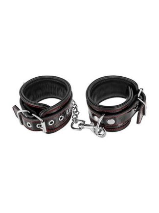 Menottes Premium en Cuir Vernis Noires et Coutures Rouges
