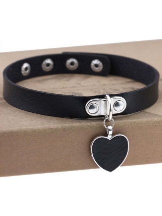 Punk Goth Heart Pendant Necklace Leather Collar BLACK 48901