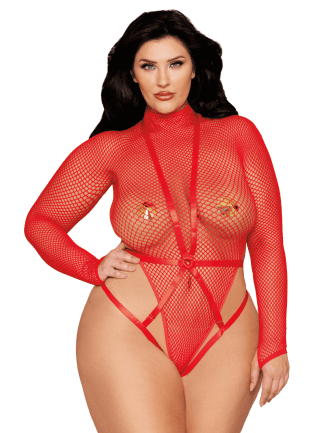 Ensemble 2 pièces grande taille, bodystring résille rouge et harnais - DG13680XRED