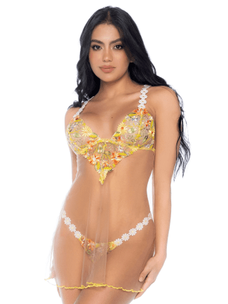Nuisette transparente brodée jaune et string - MAL7608SUBS