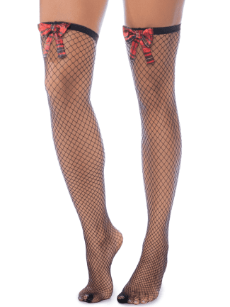 Bas résille noire avec nœuds rouges écossais - MAL1128BKPL