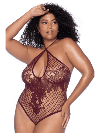 Body string grande taille en résille couleur cerise - MAL1115XCHRY