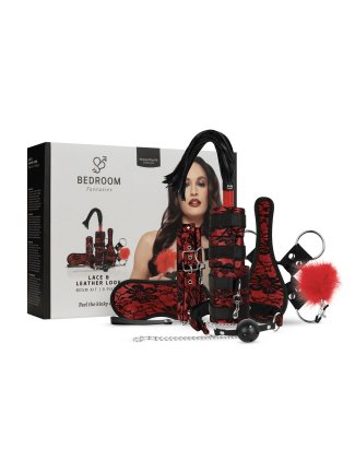 Bedroom Fantasies - Aspect dentelle et cuir - Ensemble de bondage 8 pièces - Rouge
