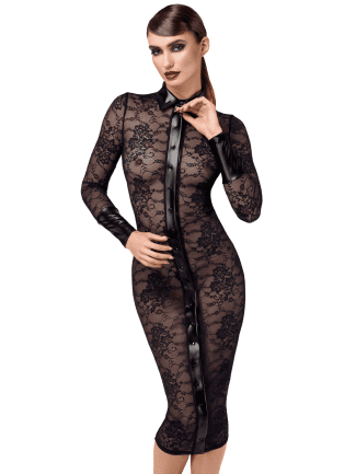 F376 Noirelle Robe à boutons mi-longue en dentelle