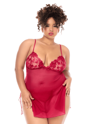 Babydoll grande taille Mapalé brodée avec string - MAL7620XRED