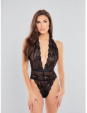 Body string noir en dentelle à décolleté profond