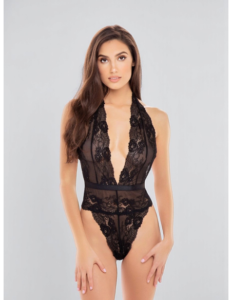 Body string noir en dentelle à décolleté profond