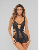 Guêpière ajourée noire avec string assorti - M/L, Noir, S/M