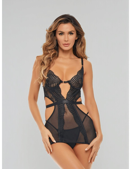 Guêpière ajourée noire avec string assorti - M/L, Noir, S/M