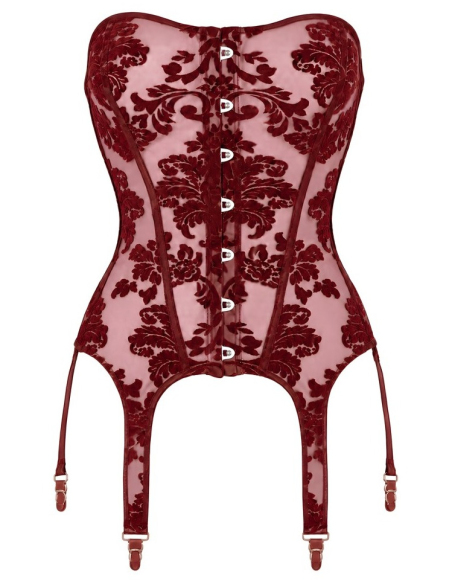Basque bustier sans bretelles en powernet et velours bordeaux