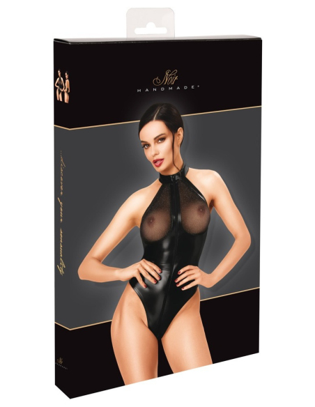 Body string en wetlook noir à col montant et épaules dénudées