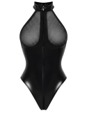 Body string en wetlook noir à col montant et épaules dénudées