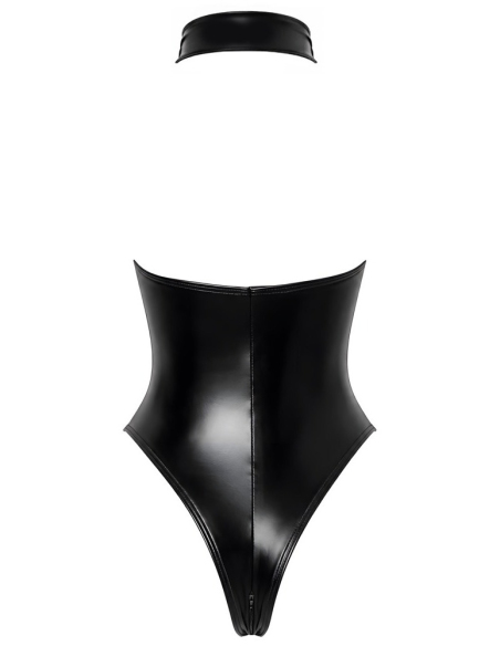 Body string en wetlook noir à col montant et épaules dénudées