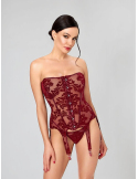Basque bustier sans bretelles en powernet et velours bordeaux