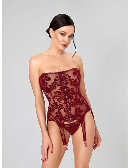 Basque bustier sans bretelles en powernet et velours bordeaux