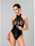 Body string en wetlook noir à col montant et épaules dénudées