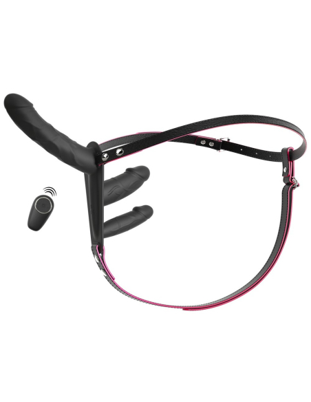 Vibromasseur double pénétration avec télécommande et harnais ajustable