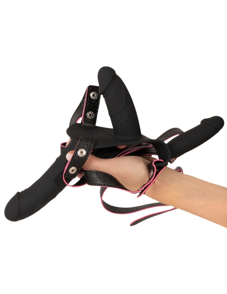 Vibromasseur double pénétration avec télécommande et harnais ajustable