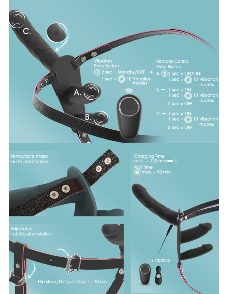 Vibromasseur double pénétration avec télécommande et harnais ajustable