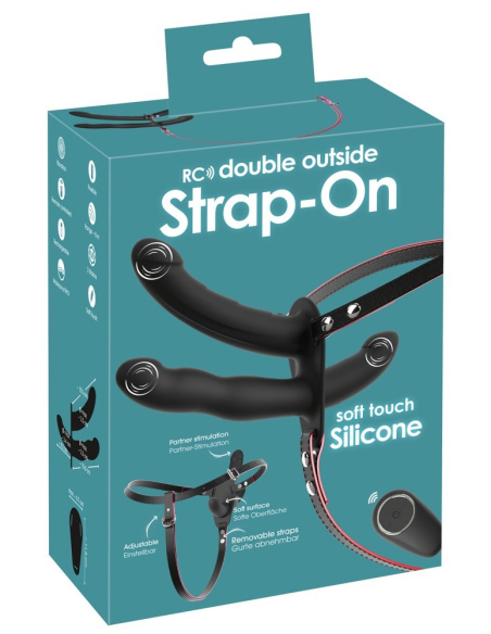 Vibromasseur double strap-on avec télécommande et 3 moteurs puissants