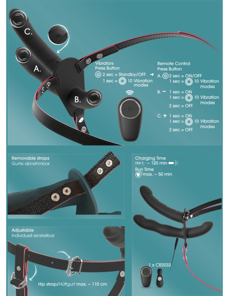 Vibromasseur double strap-on avec télécommande et 3 moteurs puissants