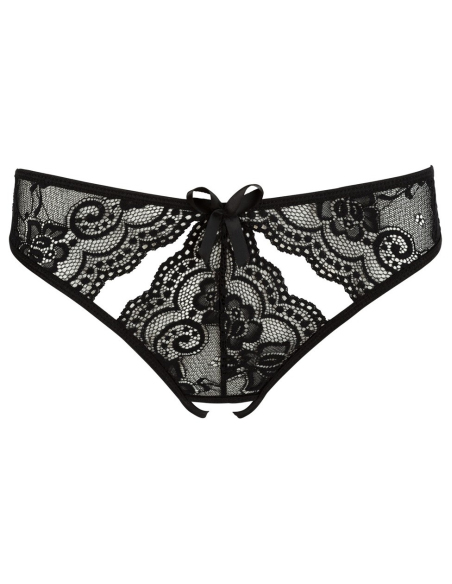 Slip ouvert en dentelle florale noire avec nœuds satinés