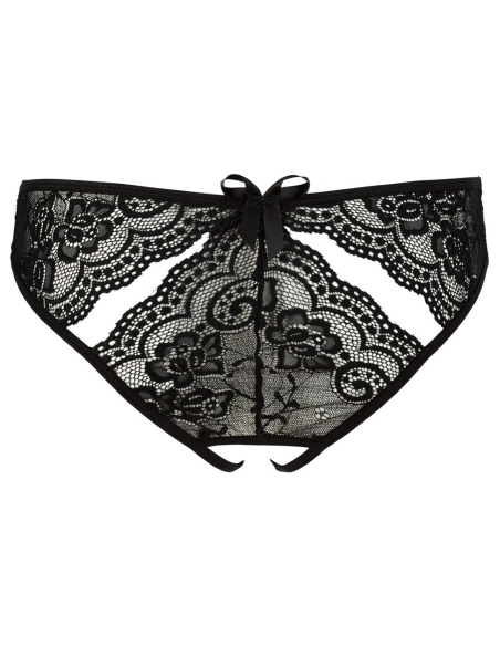 Slip ouvert en dentelle florale noire avec nœuds satinés