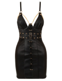 Mini robe noire en simili cuir à lanières et détails dorés