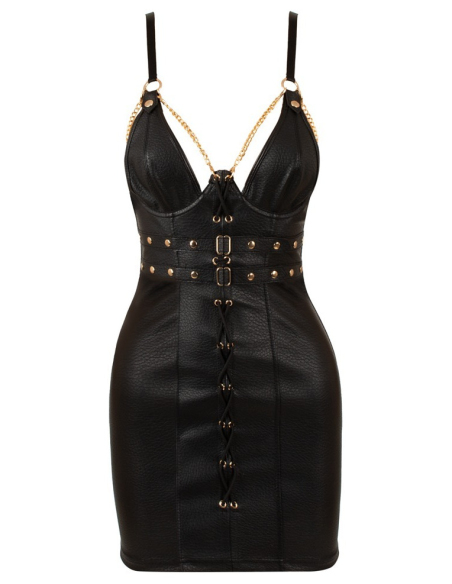 Mini robe noire en simili cuir à lanières et détails dorés