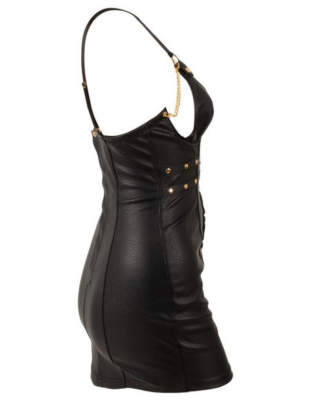 Mini robe noire en simili cuir à lanières et détails dorés