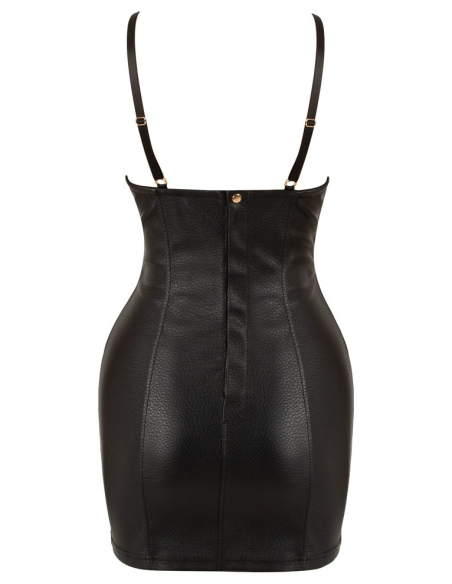 Mini robe noire en simili cuir à lanières et détails dorés