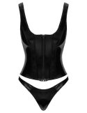 Ensemble corset et string en vinyle noir brillant