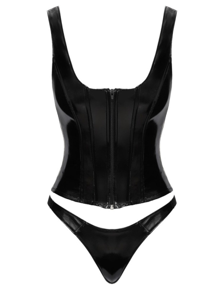 Ensemble corset et string en vinyle noir brillant