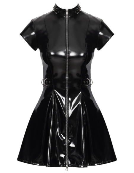 Robe mini en vinyle noir à col montant et détails cloutés