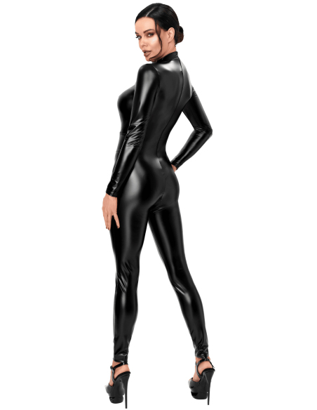 Combinaison intégrale noire effet wetlook avec ouverture poitrine