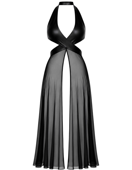 Robe longue dos-nu croisée avec jupe en tulle transparent