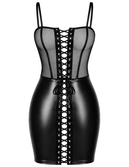 Robe courte à laçage intégral en Powerwetlook et tulle transparent