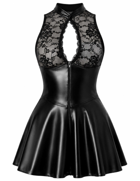Robe courte évasée à col montant et dentelle