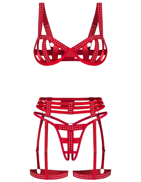 Ensemble 3 pièces soutien-gorge, porte-jarretelles et string ouvert à cristaux scintillants